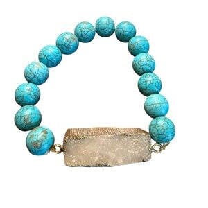 Turquoise Color Beaded Druzy Bar Stretch Bracelet